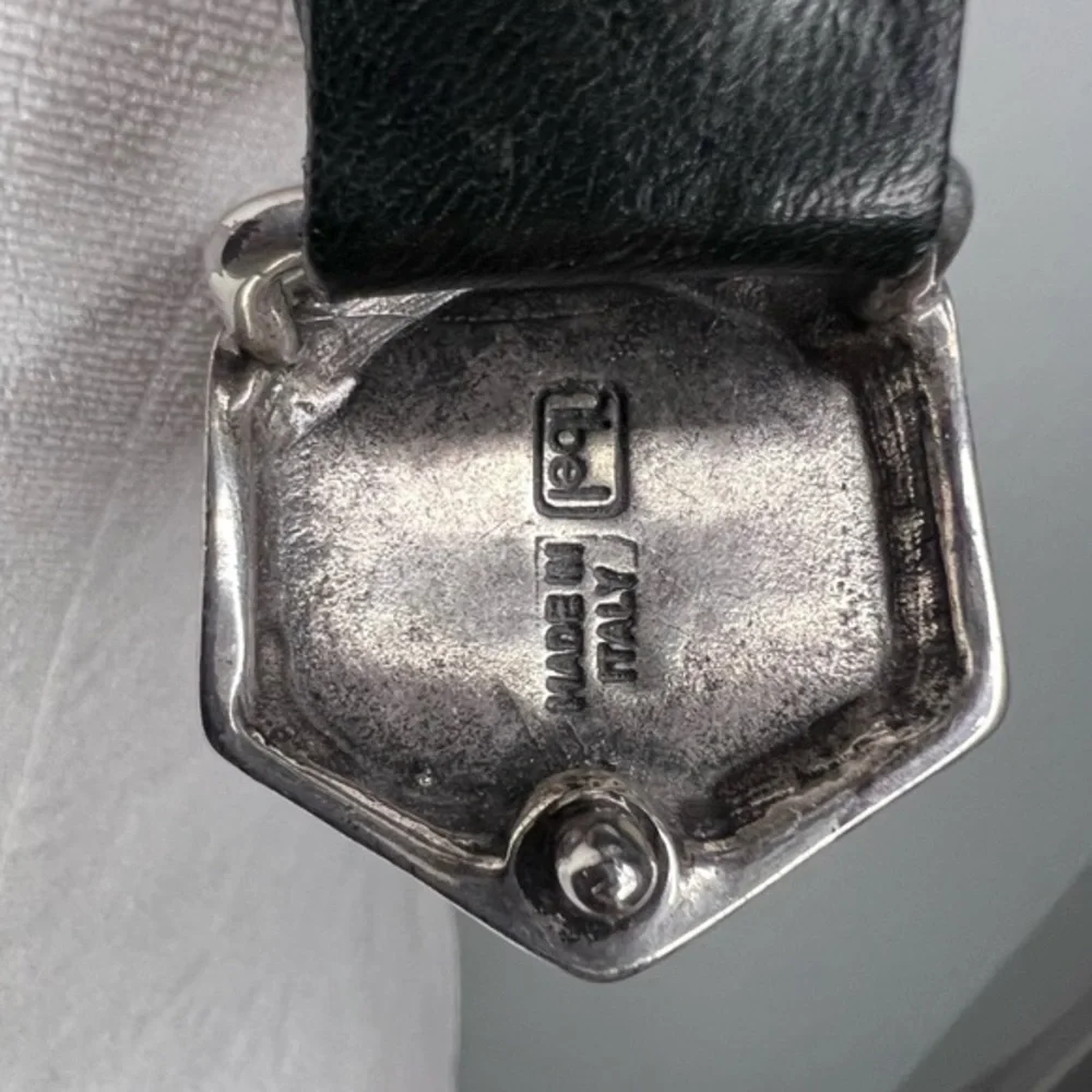 Vintage Nordstrom Ibel Pewter Buckle Black Leather Belt Made In Italy 32